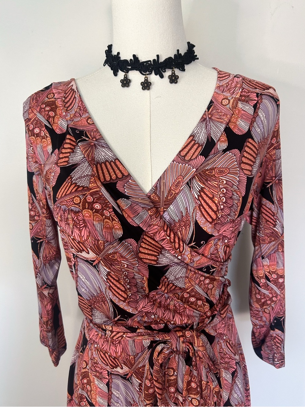 Pink Butterfly Print Whimsigoth Long Sleeve Wrap Style Mini Dress Medium - Picture 2 of 7